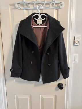 Thread & Supply Black Double-Breasted Peacoat with Mauve Lining
